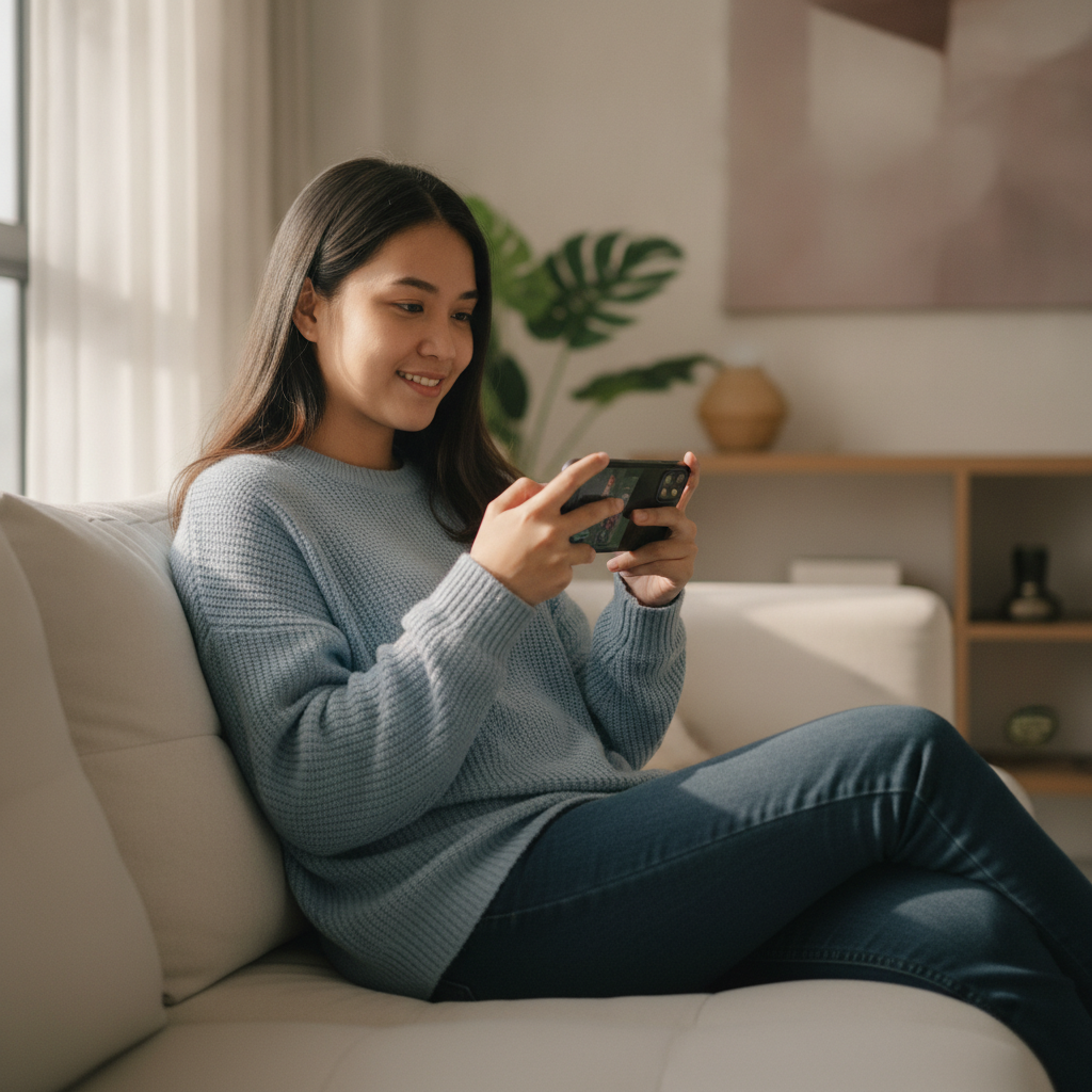 Filipino player learning to use online casino on smartphone at home